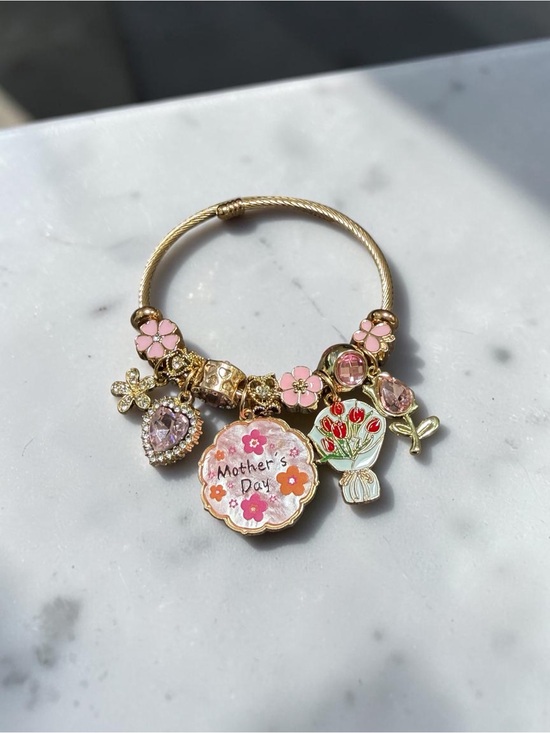 Jewelry - Gold Pink Floral Mother’s Day Charm Adjustable Twisted Bangle